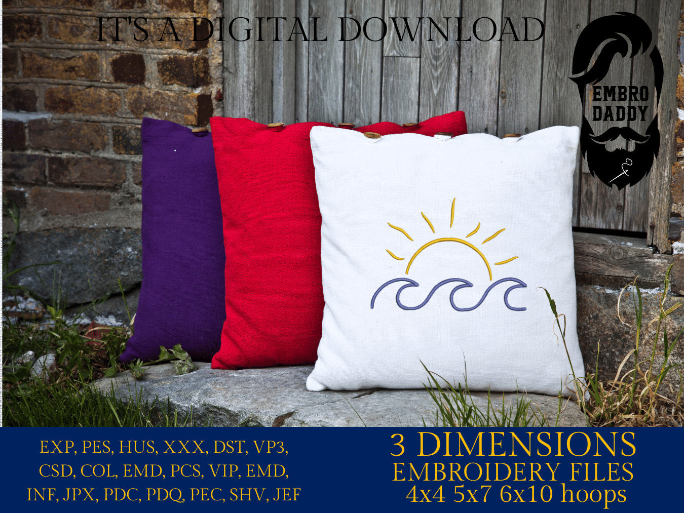 Machine Embroidery files, sunset waves, Summer, PES, DST, xxx, hus and more