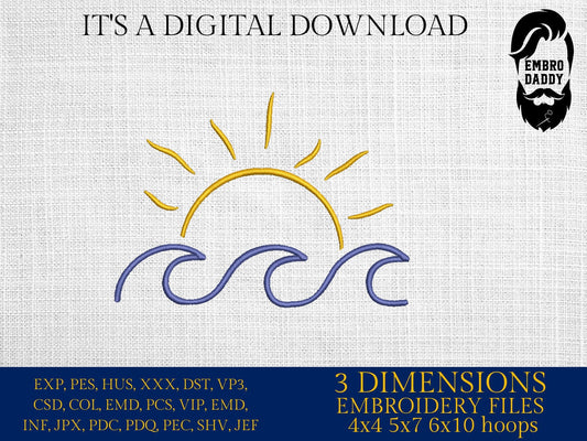 Machine Embroidery files, sunset waves, Summer, PES, DST, xxx, hus and more