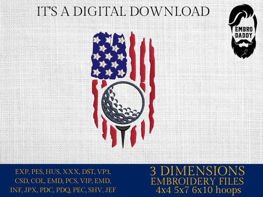 Machine Embroidery files, Golf Usa flag, PES, DST, hus & more