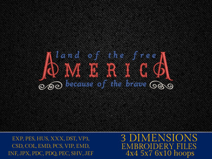 Machine Embroidery files, America land of the free, Patriotic, DST, PES, xxx, hus & more, embroidery files