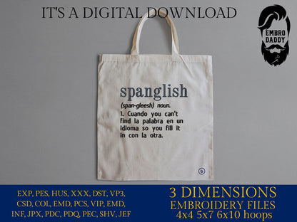 Machine Embroidery files, Spanglish, funny, PES, DST, xxx, hus and more