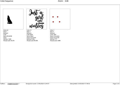 Machine Embroidery files, just a girl who loves wolves, PES, DST, xxx, hus & more