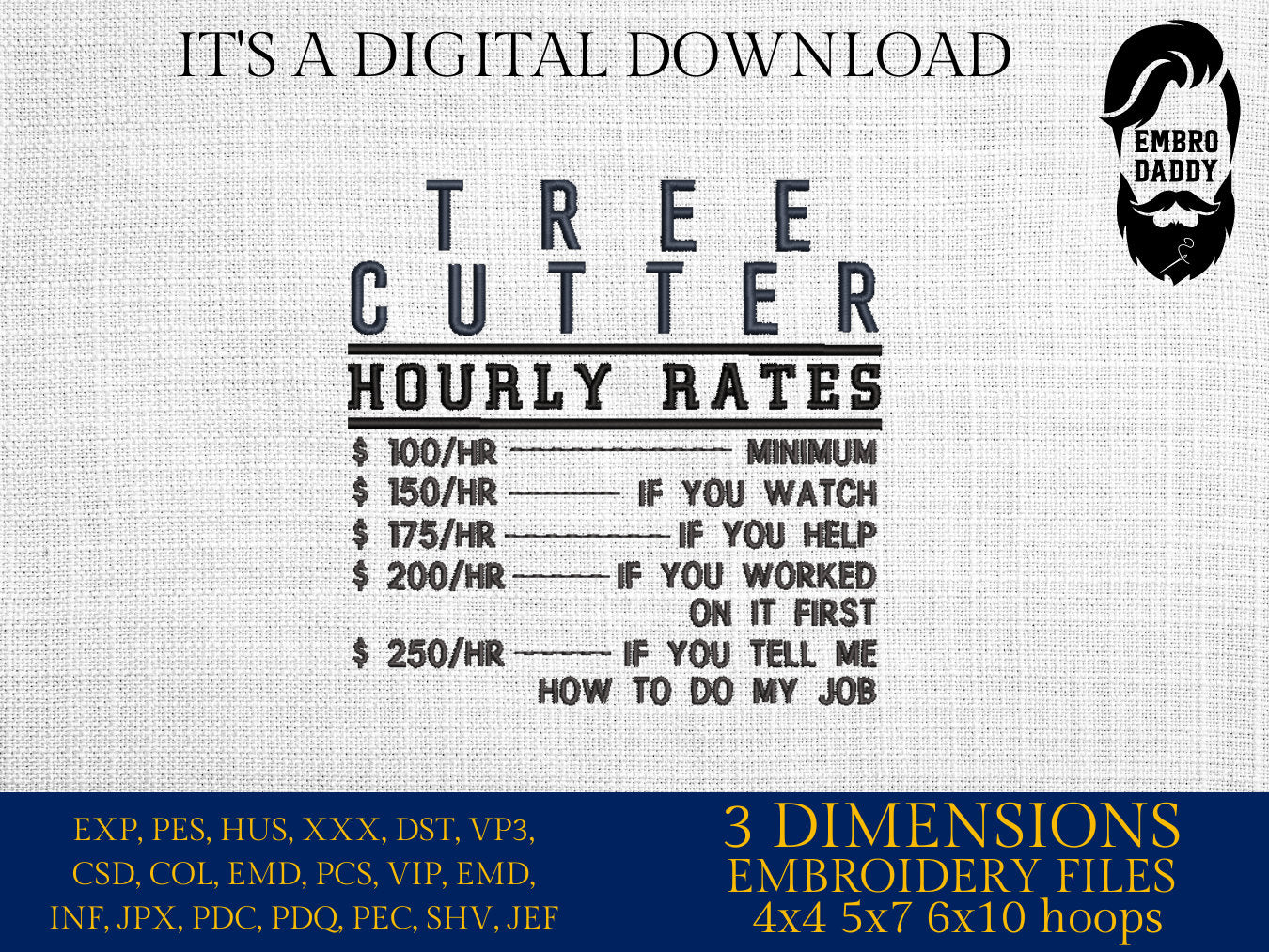 Machine Embroidery files, Tree cutter hourly rates, Arborist, PES, dst, xxx, hus & more