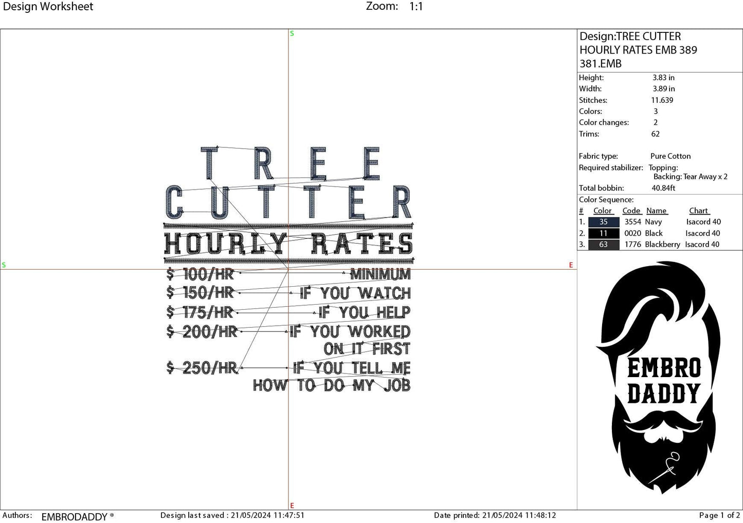 Machine Embroidery files, Tree cutter hourly rates, Arborist, PES, dst, xxx, hus & more