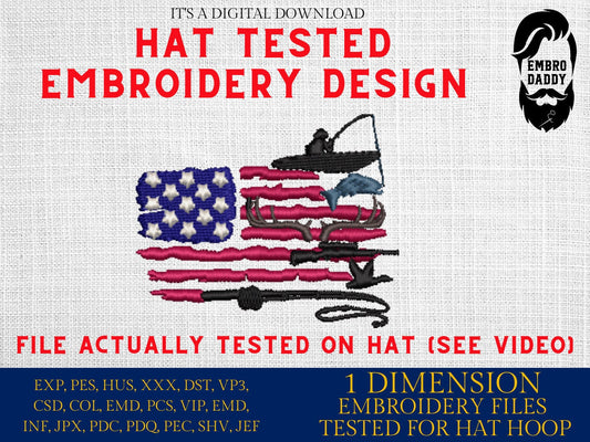 Machine Embroidery files, Usa flag hunting and fishing, embroidery file digitize for hat, American Flag PES, xxx hus & more