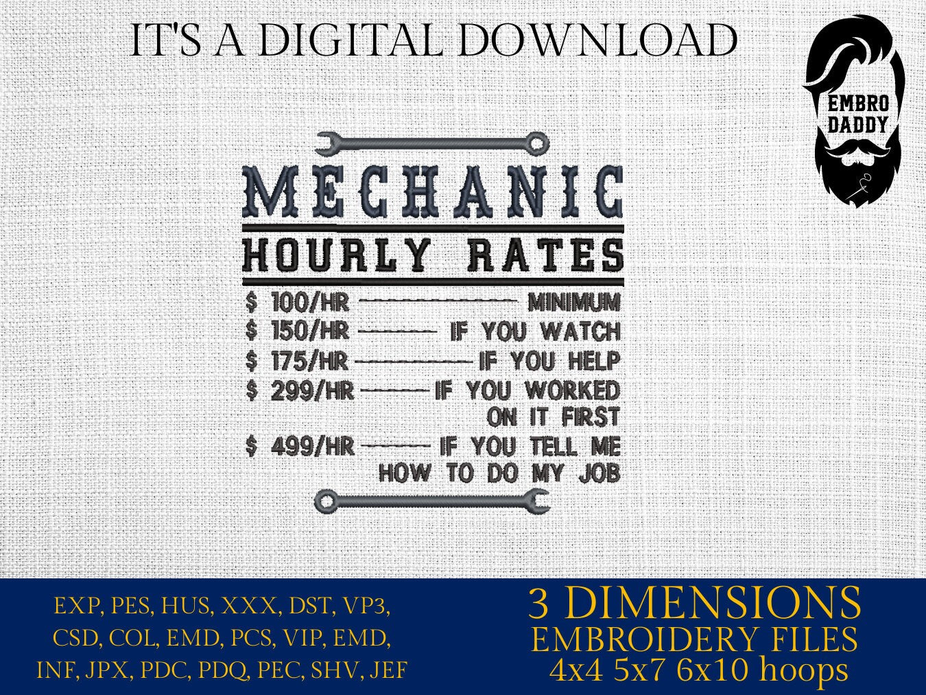 Machine Embroidery files, mechanic hourly rates, Arborist, PES, dst, xxx, hus & more