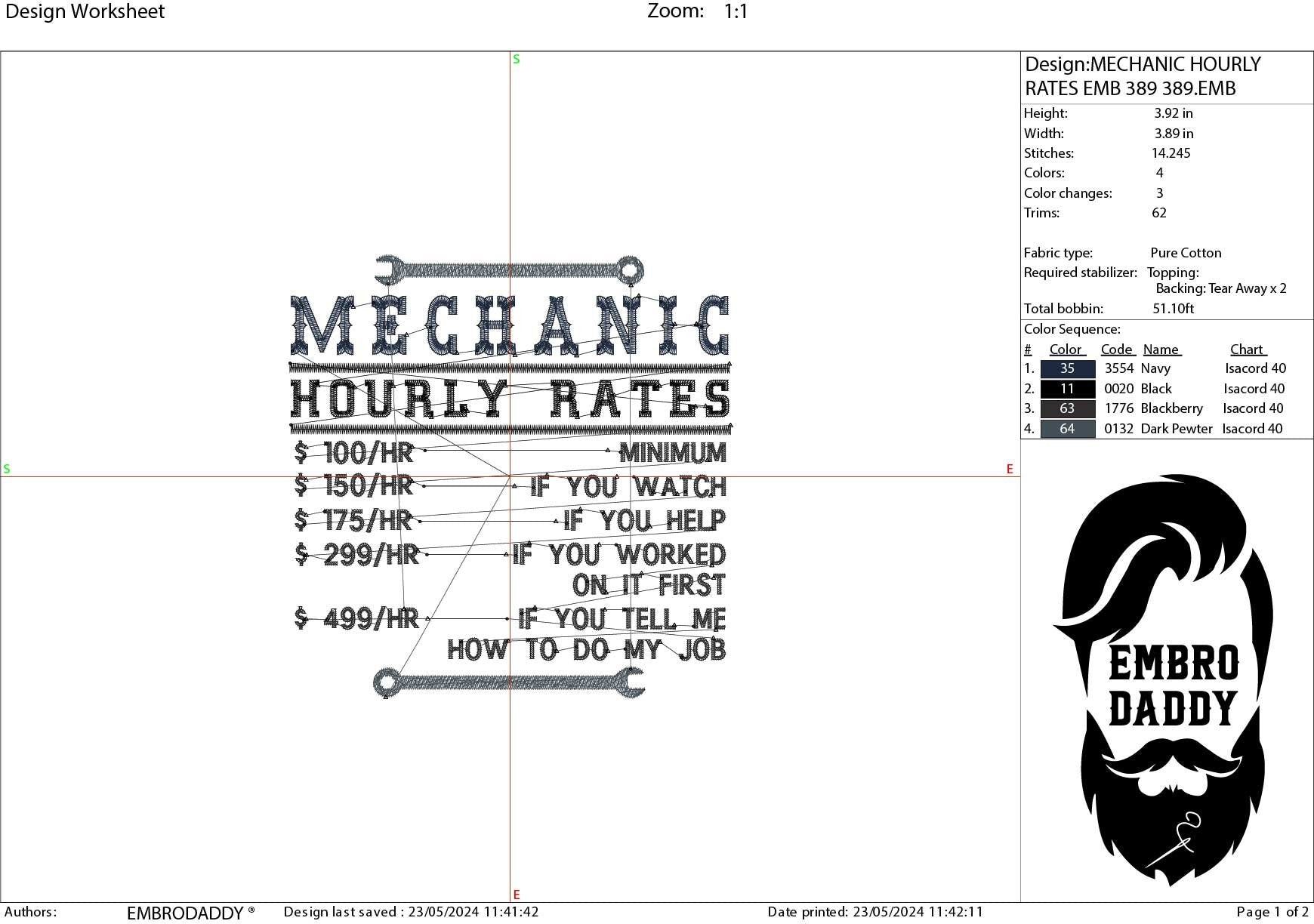 Machine Embroidery files, mechanic hourly rates, Arborist, PES, dst, xxx, hus & more