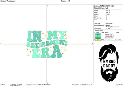 Machine Embroidery files, In my retirement era, PES, DST, hus & more