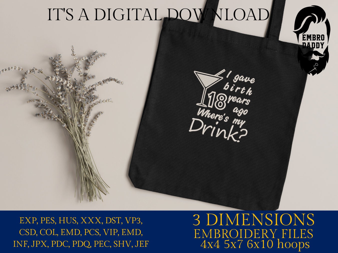 Machine Embroidery files, I gave birth 18 year ago, drink, funny , DST, PES, xxx, hus & more