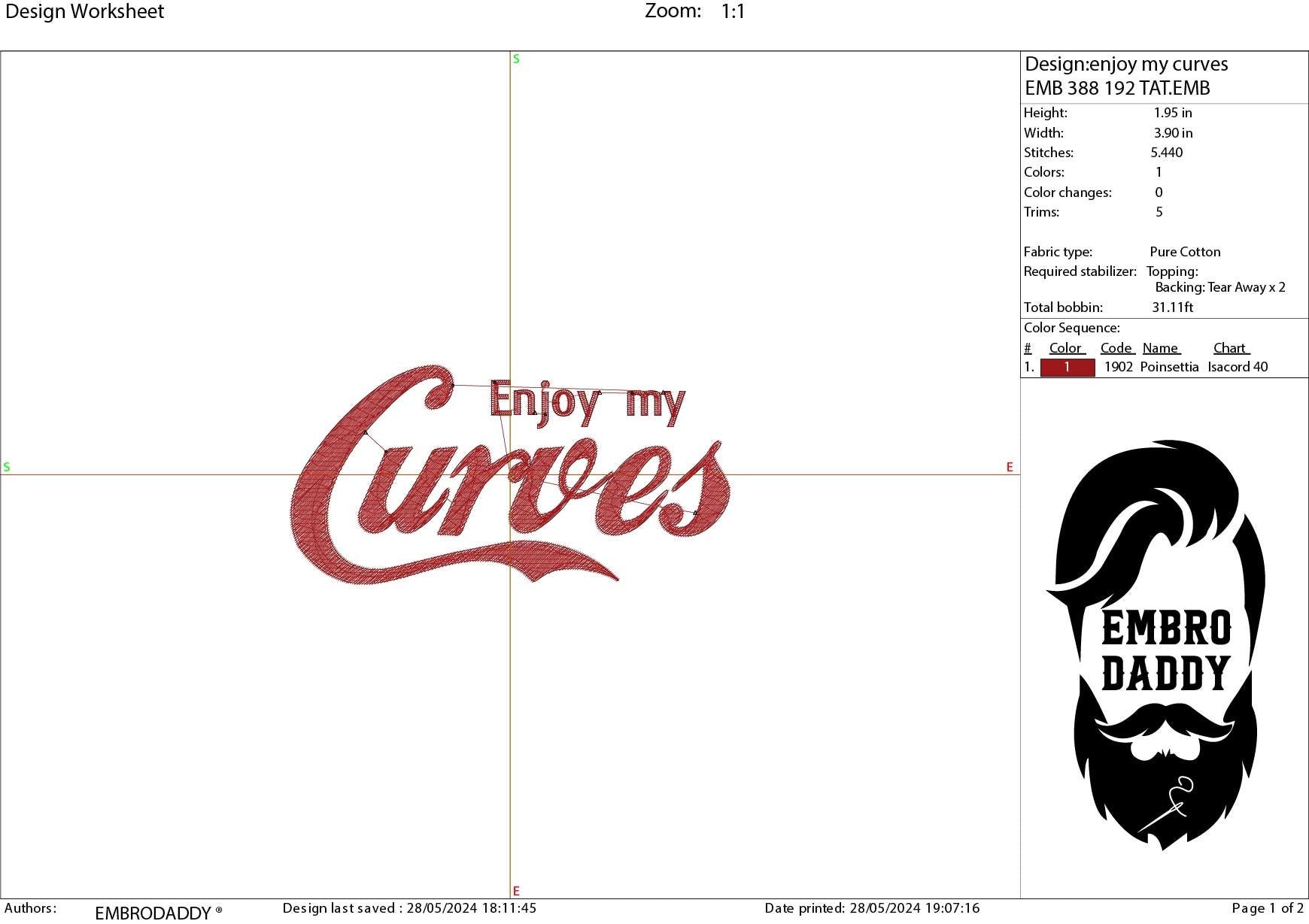 Machine Embroidery files, Enjoy my Curves , PES, DST, xxx, hus & more
