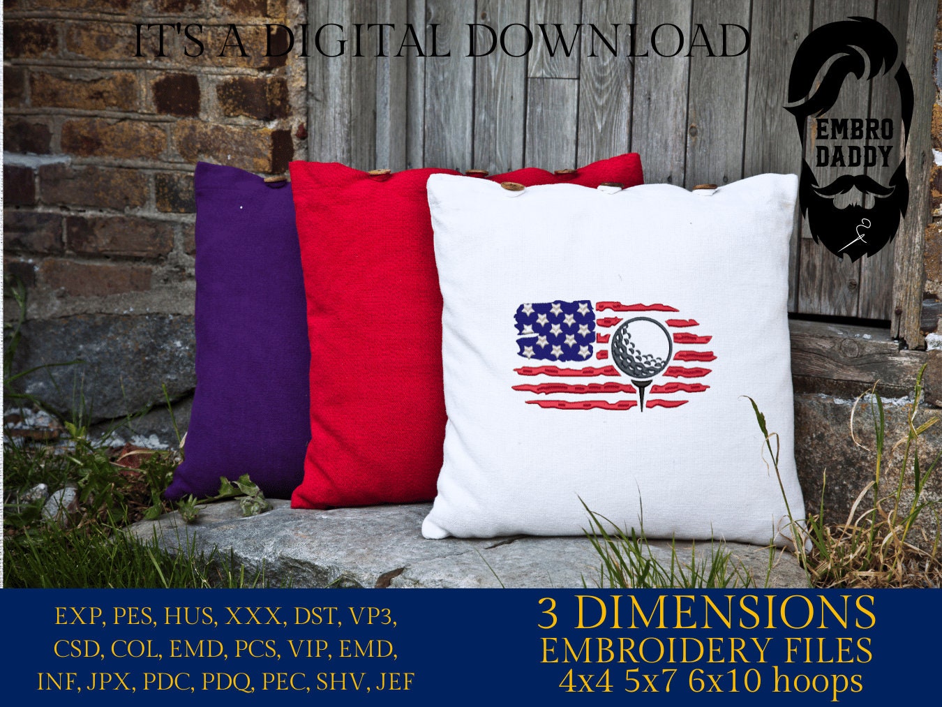 Machine Embroidery files, Golf Usa flag, PES, DST, hus & more