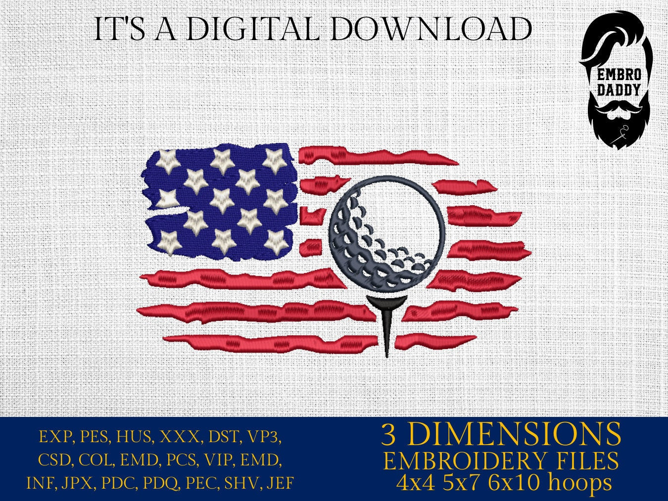 Machine Embroidery files, Golf Usa flag, PES, DST, hus & more