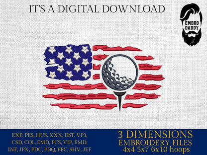Machine Embroidery files, Golf Usa flag, PES, DST, hus & more
