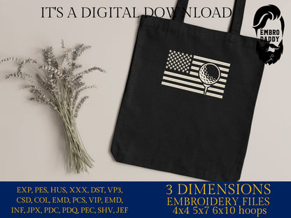Machine Embroidery files, Golf Usa flag, PES, DST, hus & more