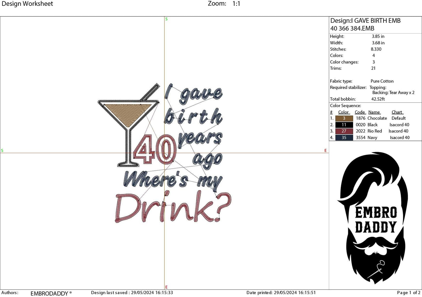 Machine Embroidery files, I gave birth 40 year ago, drink, funny , DST, PES, xxx, hus & more