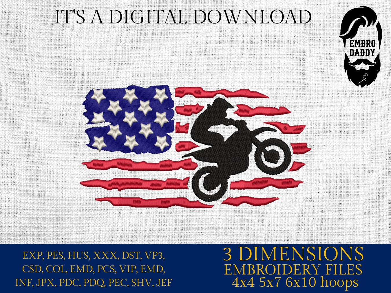 Machine Embroidery files, USA flag Motocross, Racking, dirtybike, DST, PES, xxx, hus & more