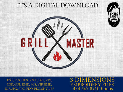 Machine Embroidery files, Grill Master, Father's Day Apron, funny embroidery files, gift idea PES, hus & more