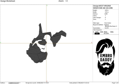 Machine Embroidery files, Coal Miner File,West Virginia Coal Mining, DST, PES, xxx hus & more,