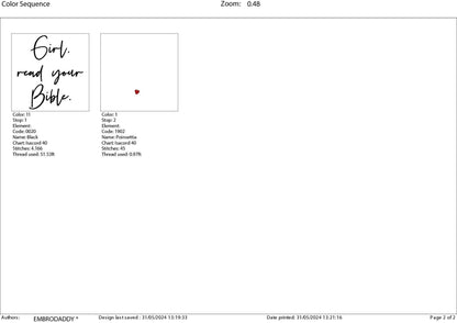 Machine embroidery files, Girl read your Bible, PES, DST, hus & more