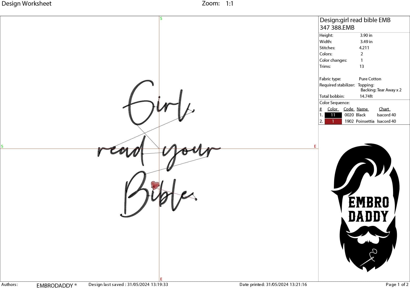 Machine embroidery files, Girl read your Bible, PES, DST, hus & more