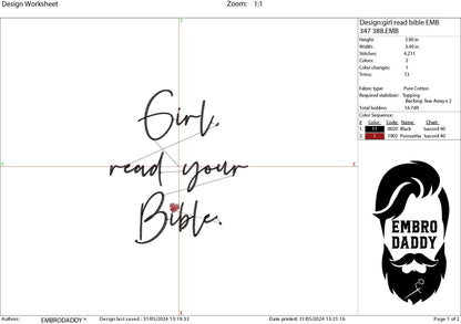 Machine embroidery files, Girl read your Bible, PES, DST, hus & more