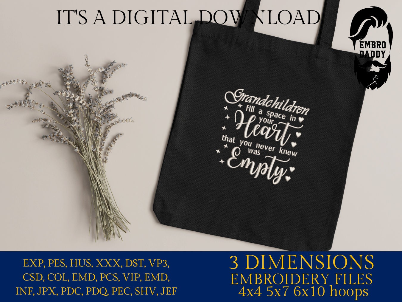 Machine Embroidery files, Grandchildren fill a space in your heart, PES, xxx, hus & more, embroidery files