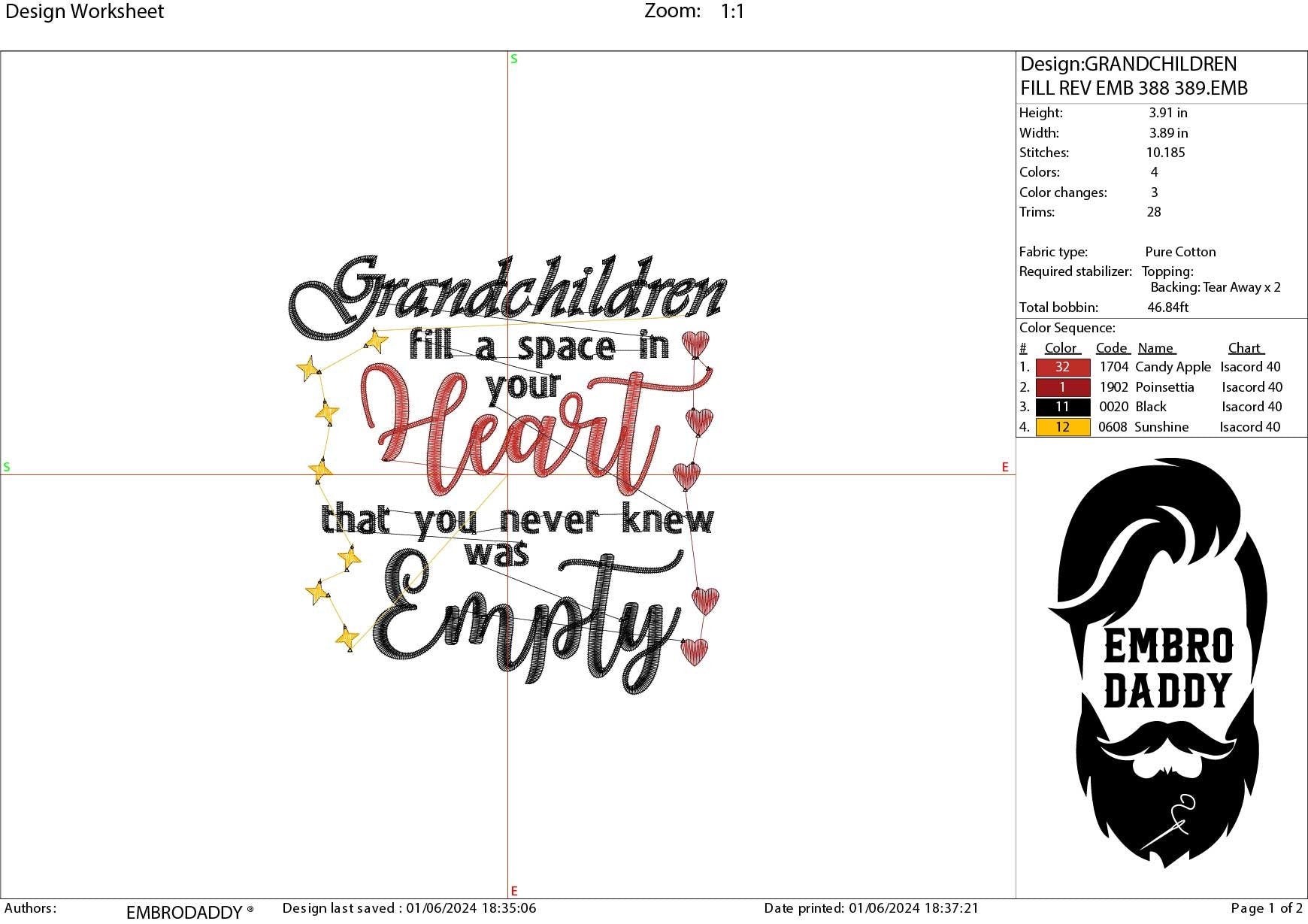Machine Embroidery files, Grandchildren fill a space in your heart, PES, xxx, hus & more, embroidery files