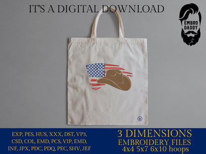 Machine Embroidery files, American Flag cowboy hat, PES, dst, xxx hus & more