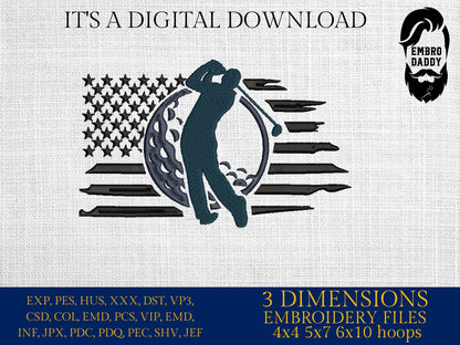 Machine Embroidery files, Golf Usa flag, PES, DST, hus & more