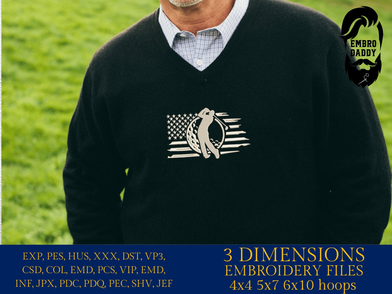 Machine Embroidery files, Golf Usa flag, PES, DST, hus & more