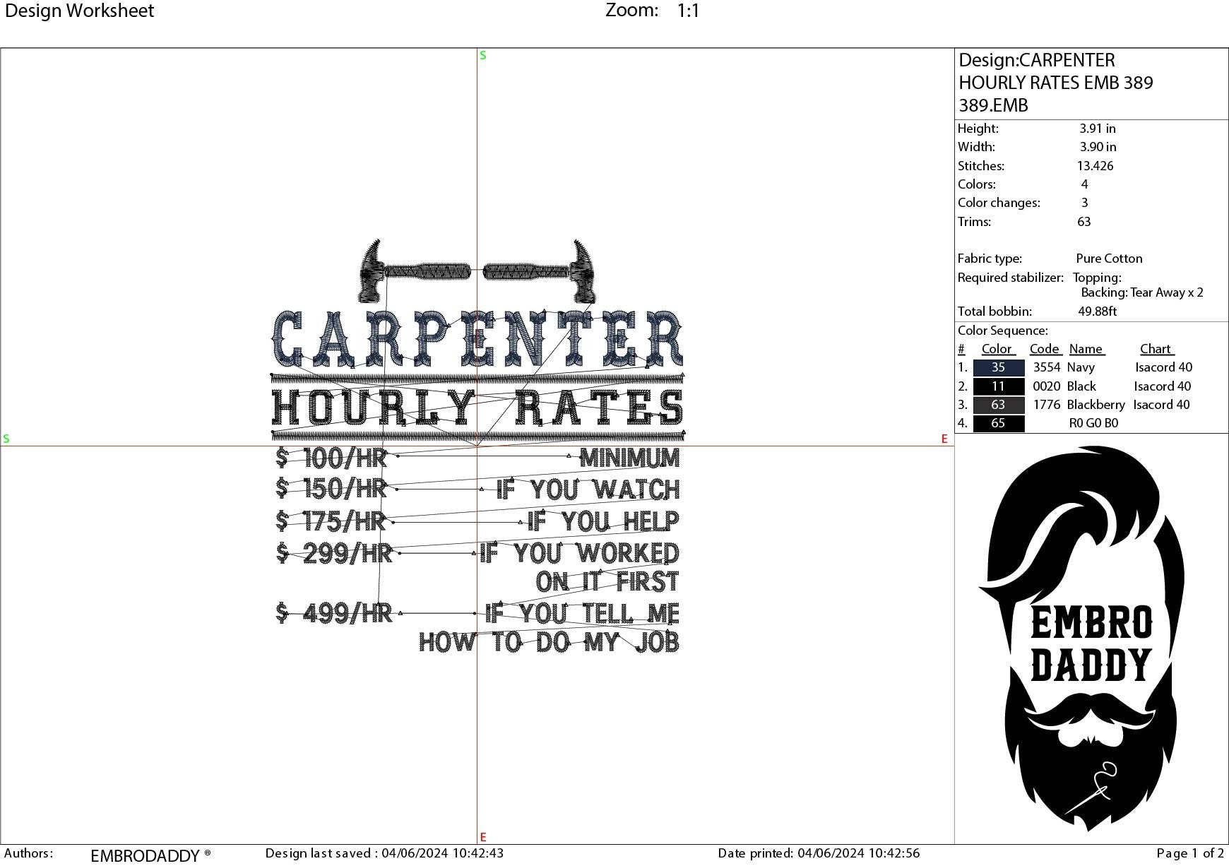 Machine Embroidery files, Carpenter hourly rates, Arborist, PES, dst, xxx, hus & more