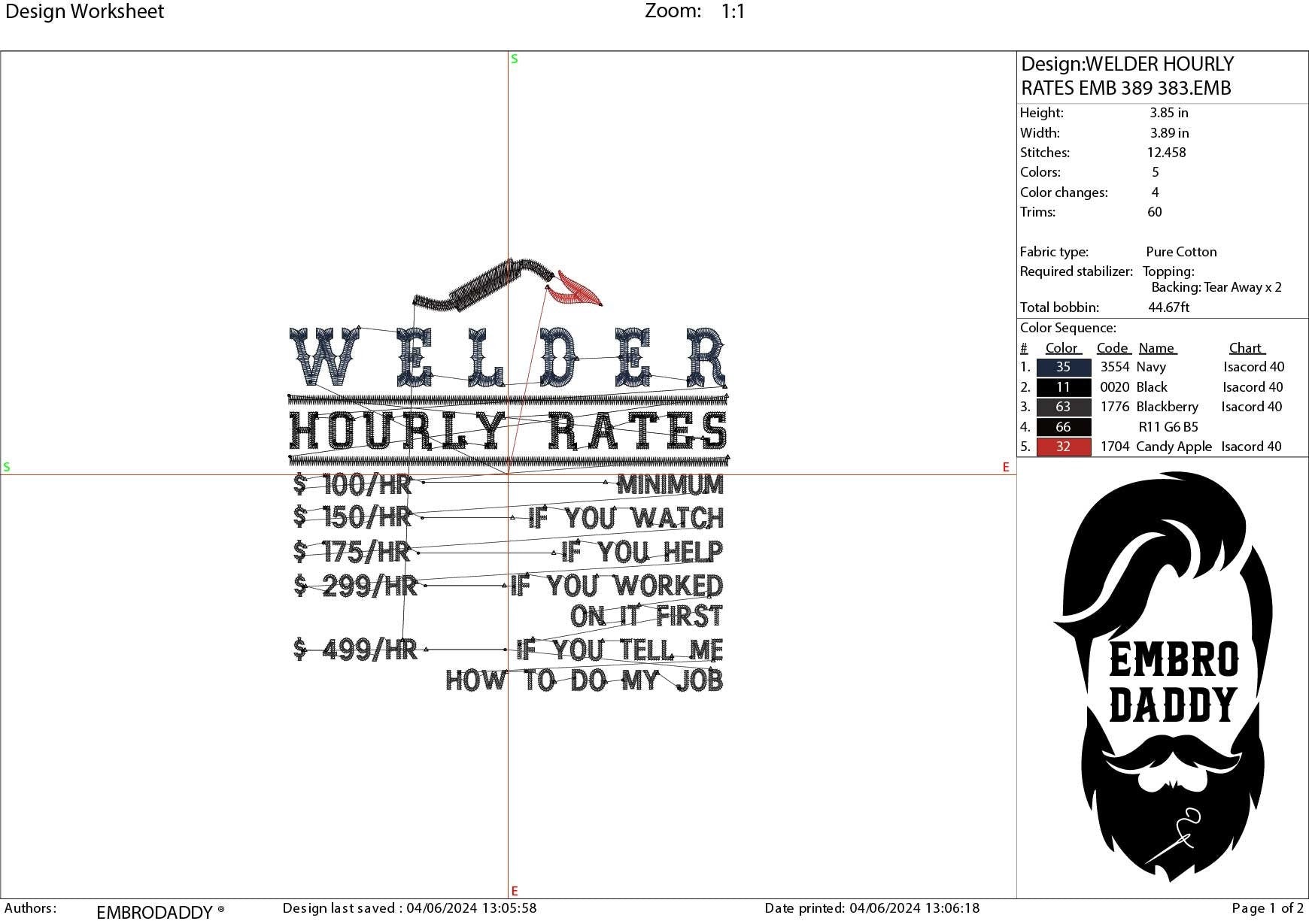 Machine Embroidery files, welder hourly rates, PES, dst, xxx, hus & more