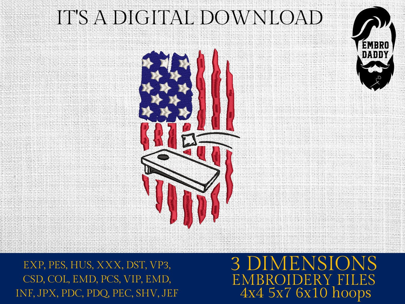 Machine Embroidery files, Usa flag, Cornhole, Bean Bag Toss, PES, DST, hus & more