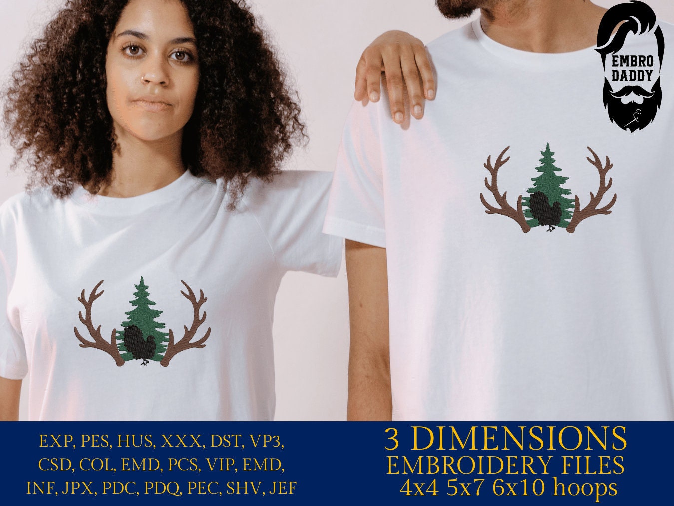 Machine Embroidery files, Big Buck Deer Antlers with Turkey and Forest Scene, PES, DST, xxx, hus and more