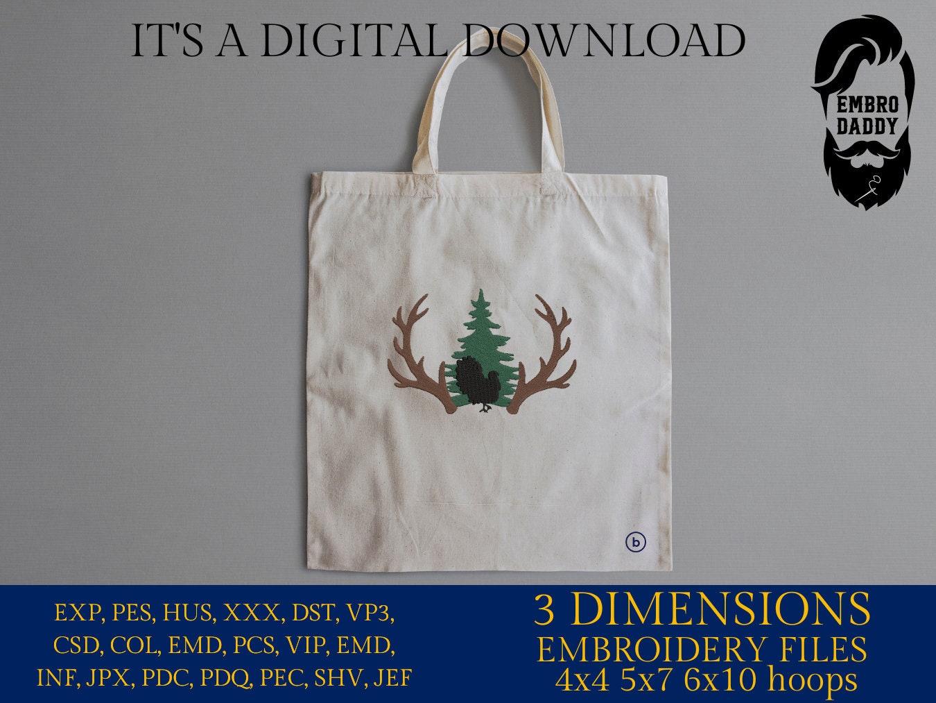 Machine Embroidery files, Big Buck Deer Antlers with Turkey and Forest Scene, PES, DST, xxx, hus and more