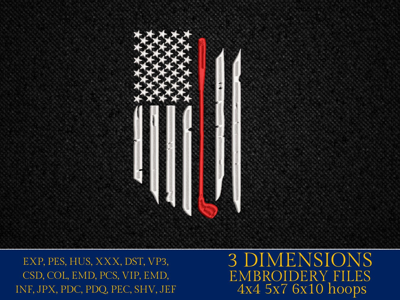 Machine Embroidery files, Golf Usa flag, PES, DST, hus & more