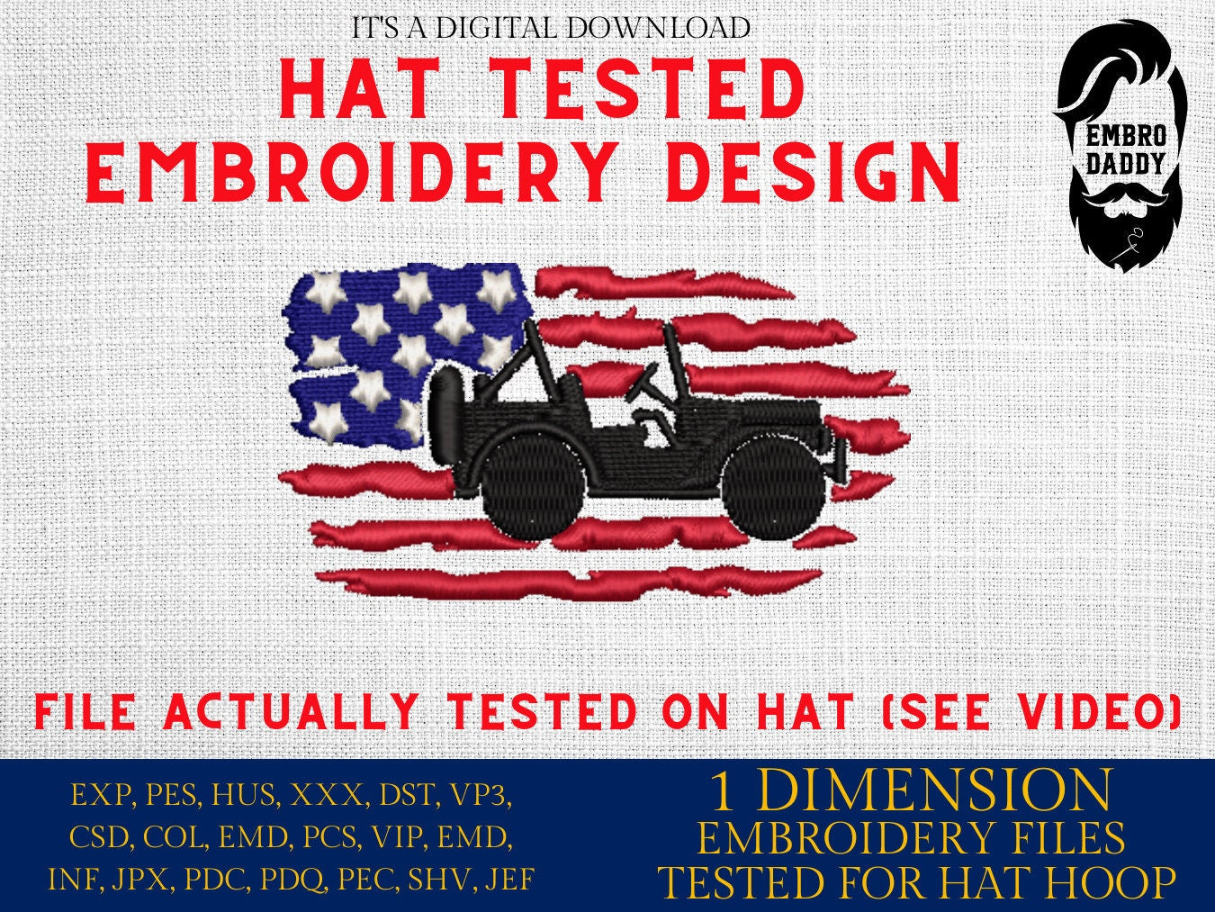 Machine Embroidery files, Usa flag offroad car, embroidery file digitize for hat, American Flag PES, xxx hus & more