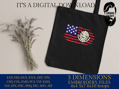 Machine Embroidery files, Usa Flag Mexico, American Mexico Flag Merged PES, DST, xxx, hus & more