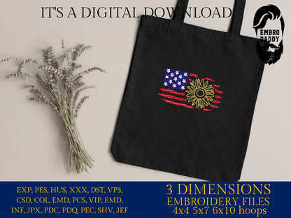 Machine Embroidery files, Usa Flag Sunflower, PES, DST, xxx, hus & more