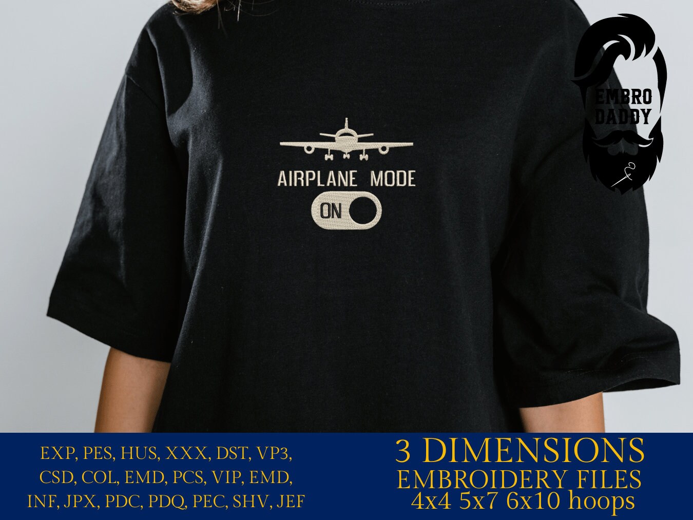 Machine Embroidery files, Airplane mode on, PES, hus, dst, vp3 & more