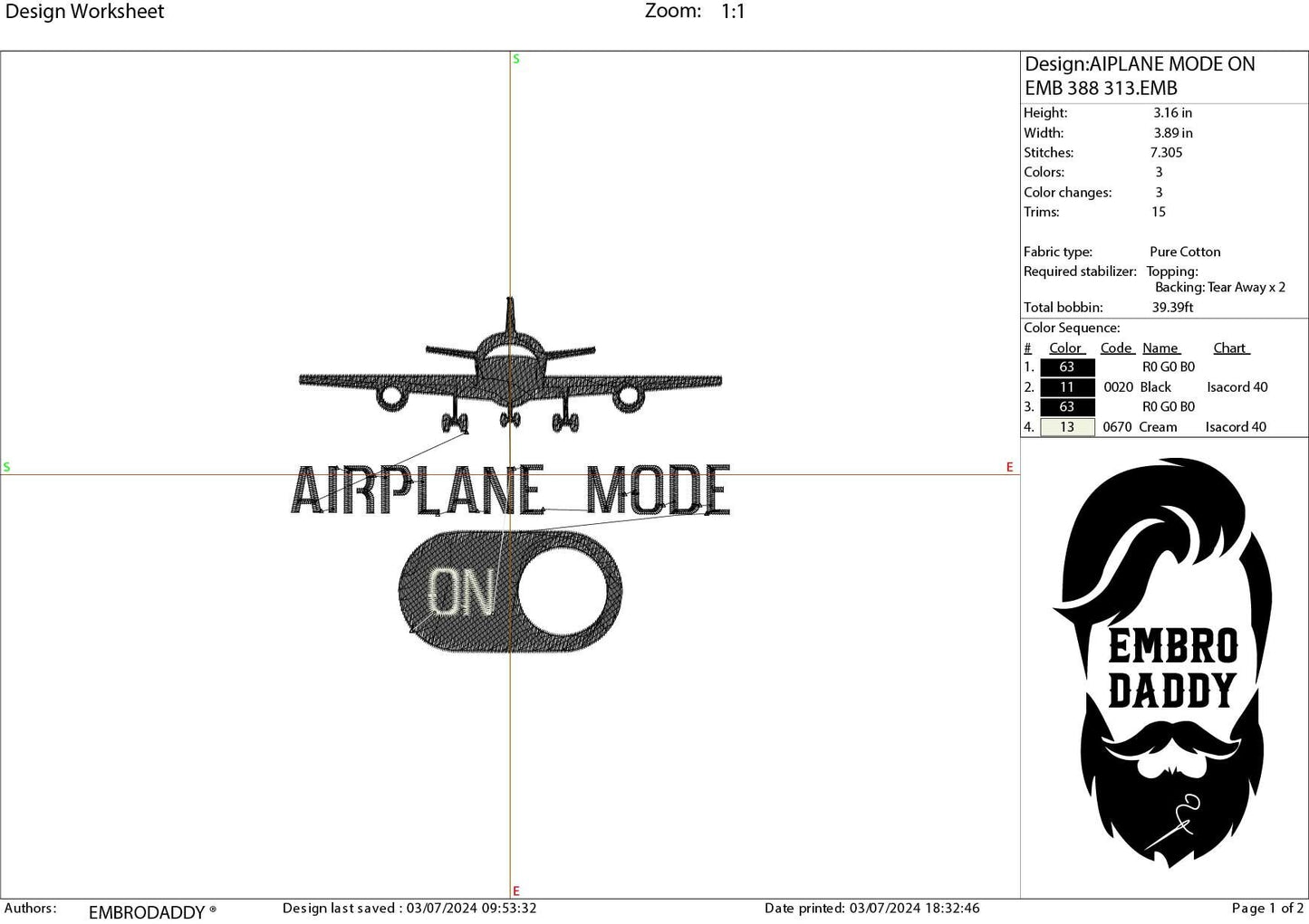 Machine Embroidery files, Airplane mode on, PES, hus, dst, vp3 & more