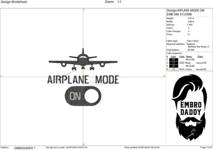 Machine Embroidery files, Airplane mode on, PES, hus, dst, vp3 & more