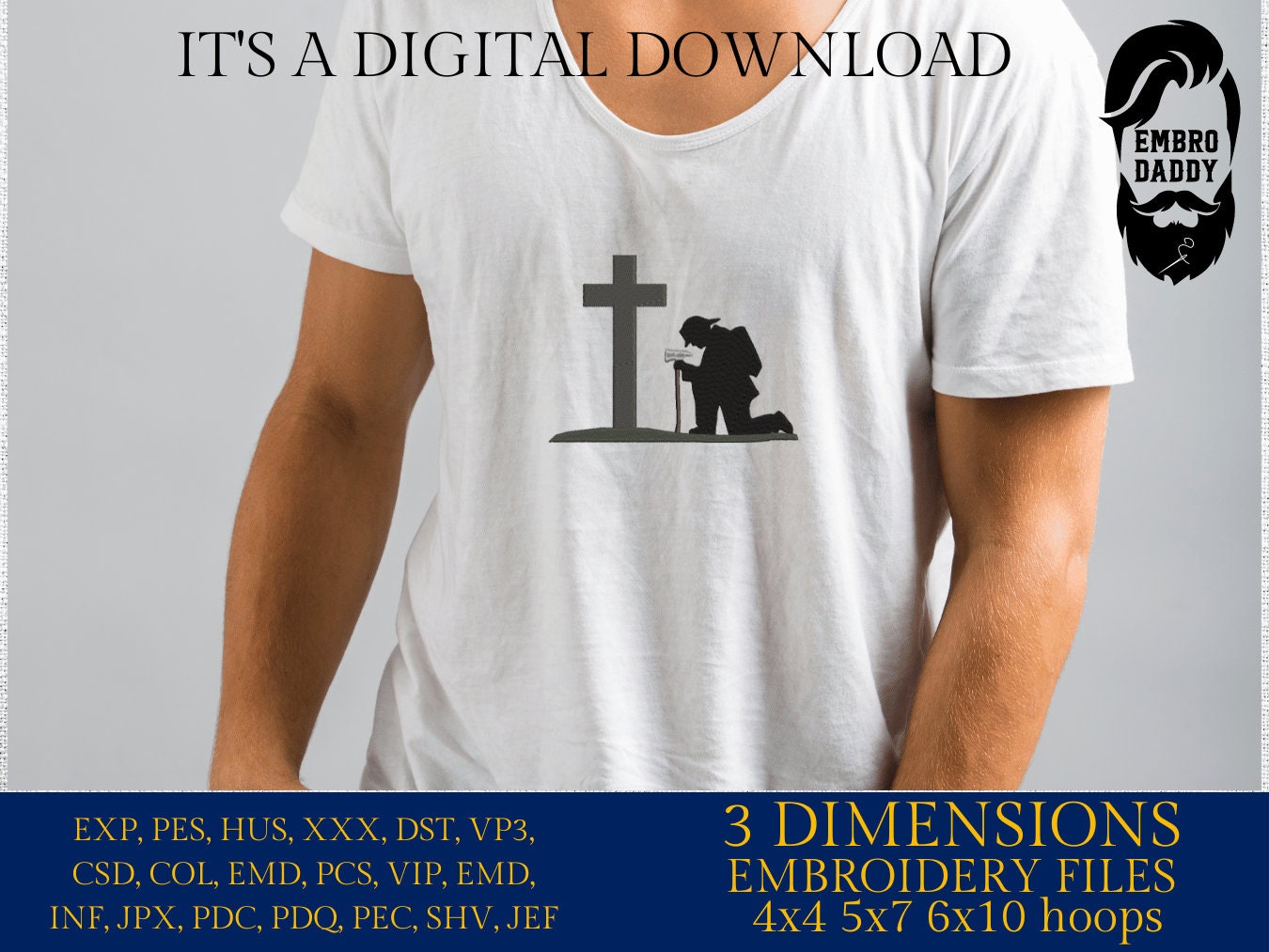 Machine Embroidery files, firefighter kneeling Cross, PES, DST, xxx, hus & more