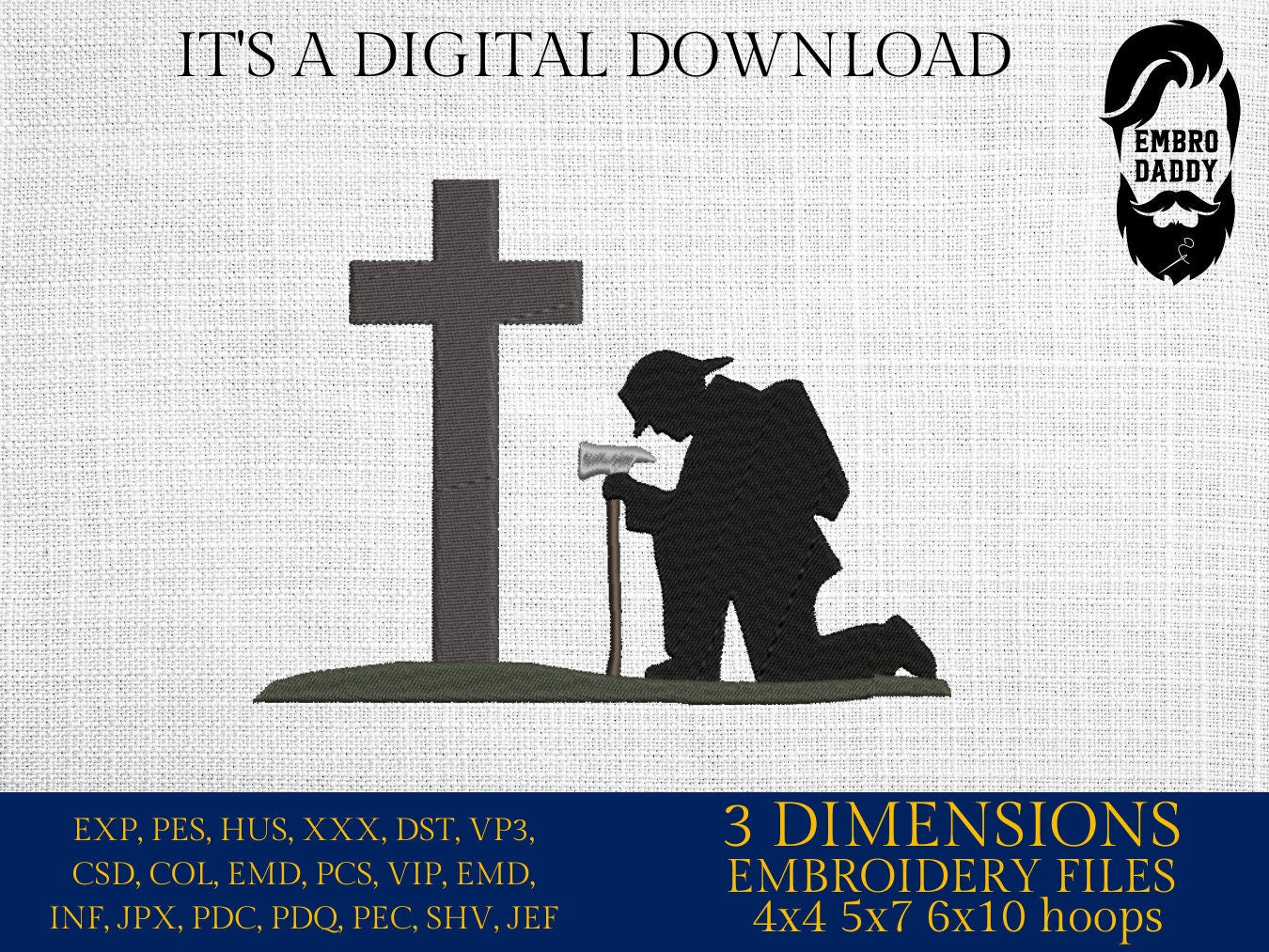 Machine Embroidery files, firefighter kneeling Cross, PES, DST, xxx, hus & more