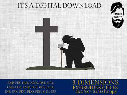 Machine Embroidery files, firefighter kneeling Cross, PES, DST, xxx, hus & more