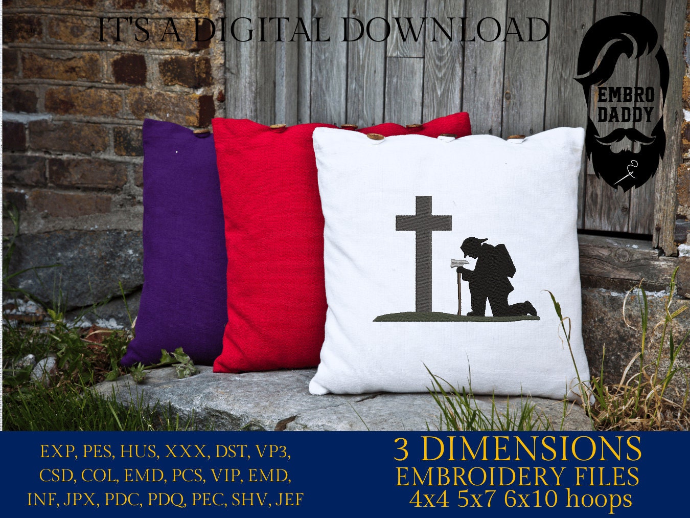 Machine Embroidery files, firefighter kneeling Cross, PES, DST, xxx, hus & more