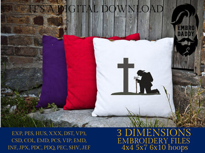 Machine Embroidery files, firefighter kneeling Cross, PES, DST, xxx, hus & more