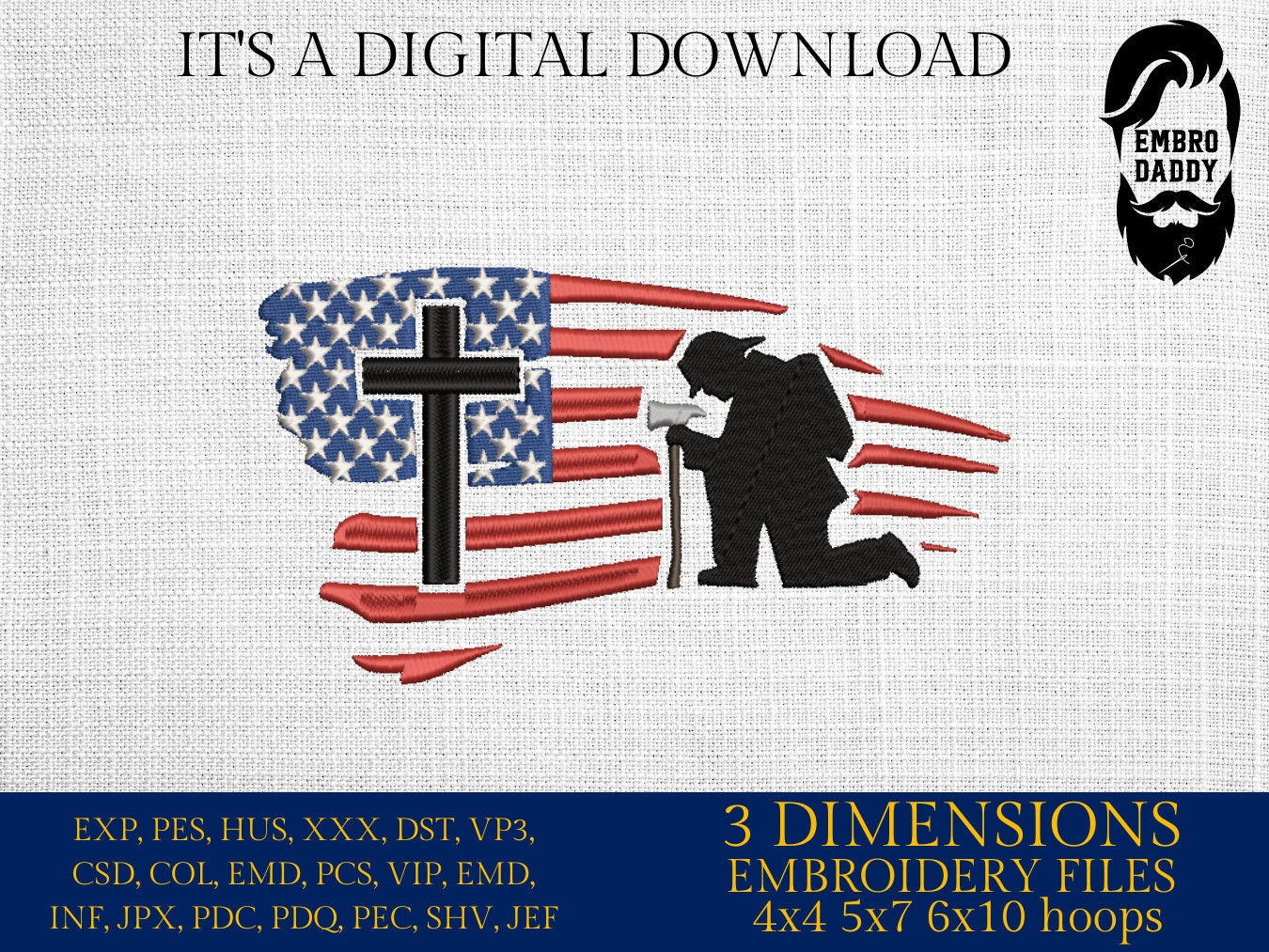 Machine Embroidery files, Usa flag, firefighter kneeling Cross, PES, dst, xxx hus & more