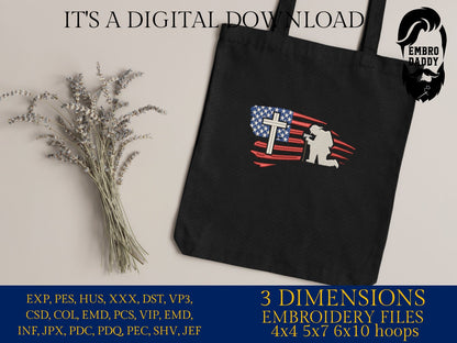 Machine Embroidery files, Usa flag, firefighter kneeling Cross, PES, dst, xxx hus & more