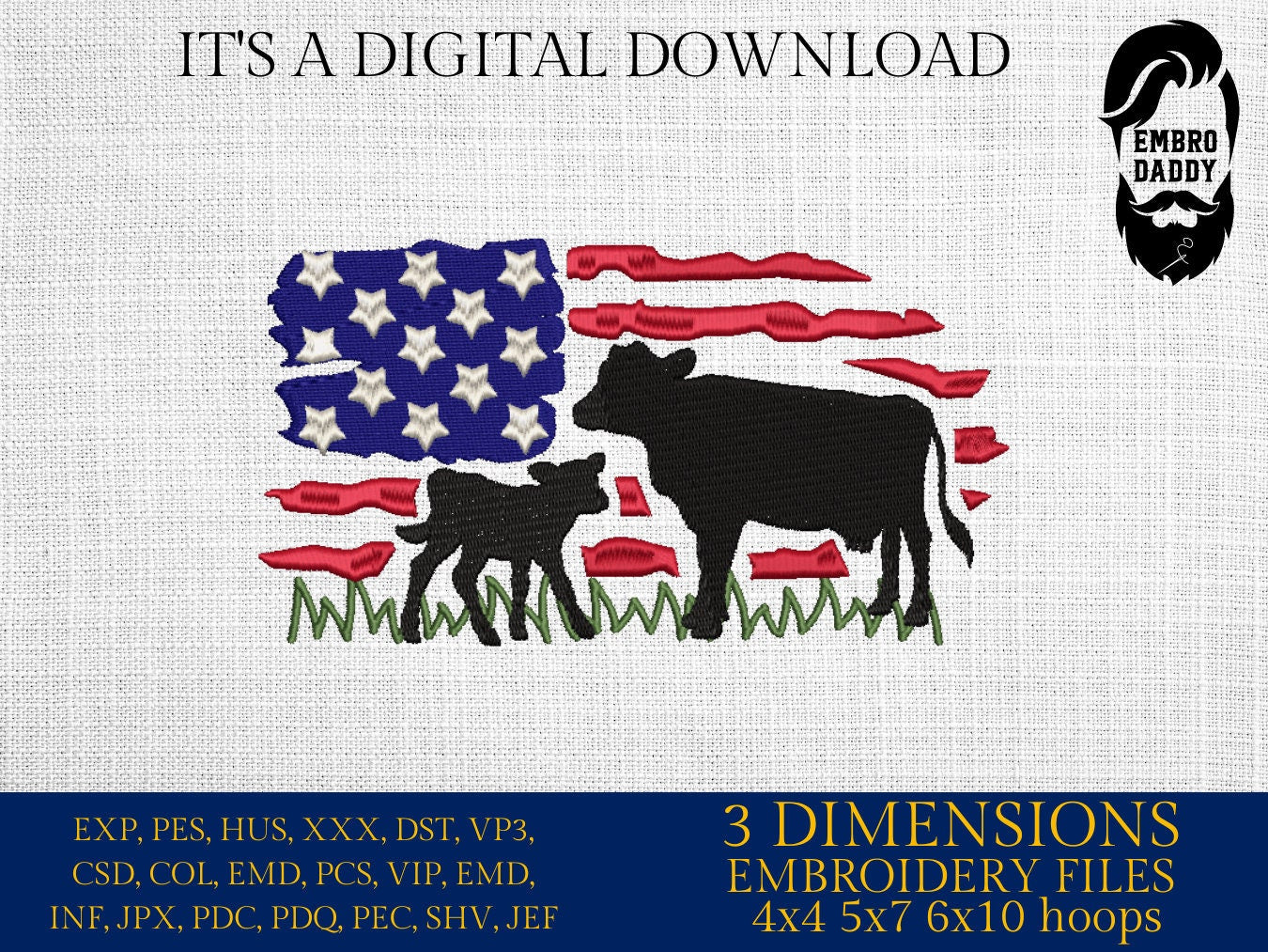 Machine Embroidery files, cow and calve, Usa Flag, PES, DST, xxx, hus & more